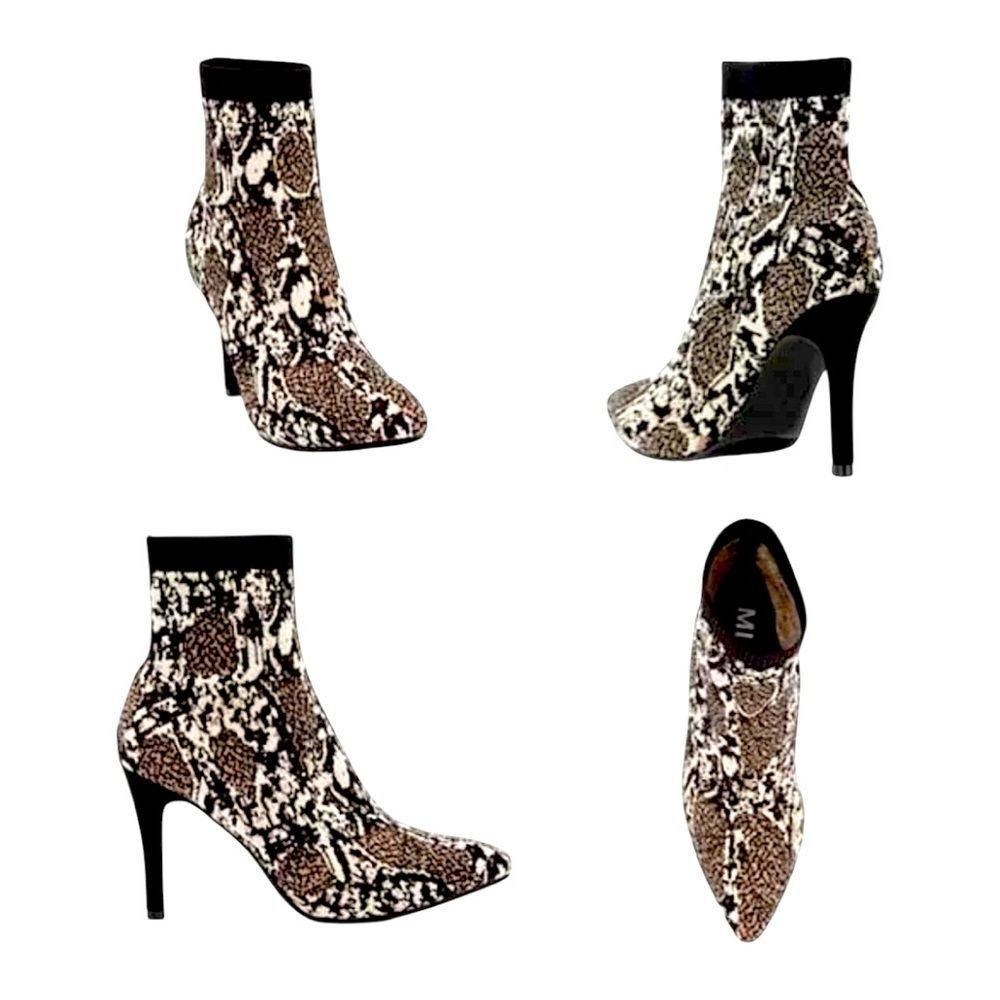 MIA McKinley Snake Print Sock Booties Sz 8.5 Stretch Knit Fabric Stiletto Heel